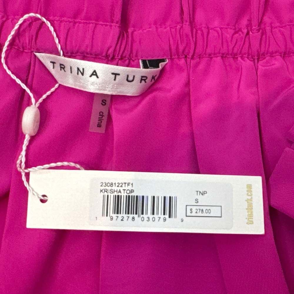 Trina Turk Krisha Top Fuchsia Pink Off Shoulder Puff Sleeve Pleated 2308122TF1 - Picture 3 of 4